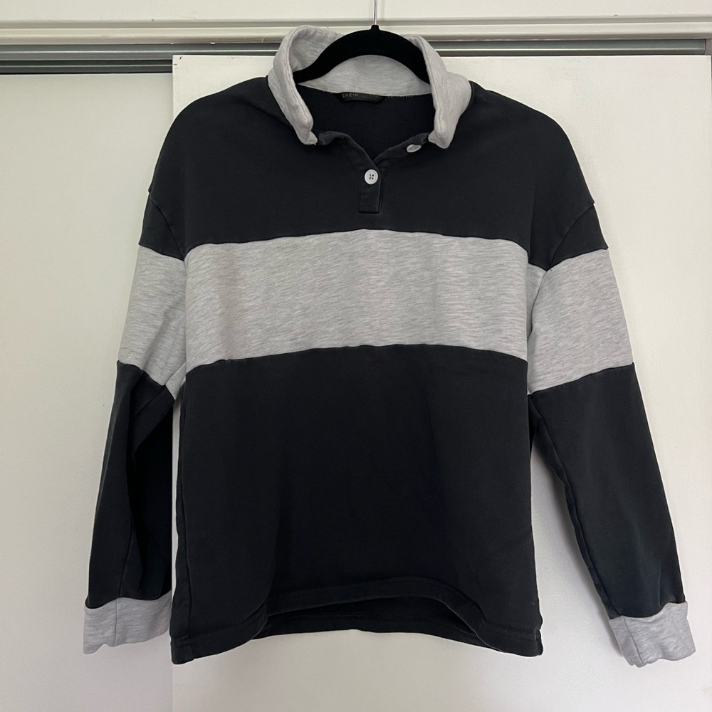 SHEIN striped polo long sleeved shirt, with a collar, navy and grey color